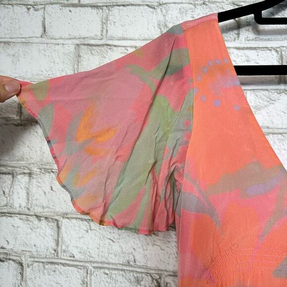 Veda Dress Corazon Maxi Multi Color Smocked Viscose Short Sleeve Pink Orange M - Picture 9 of 10